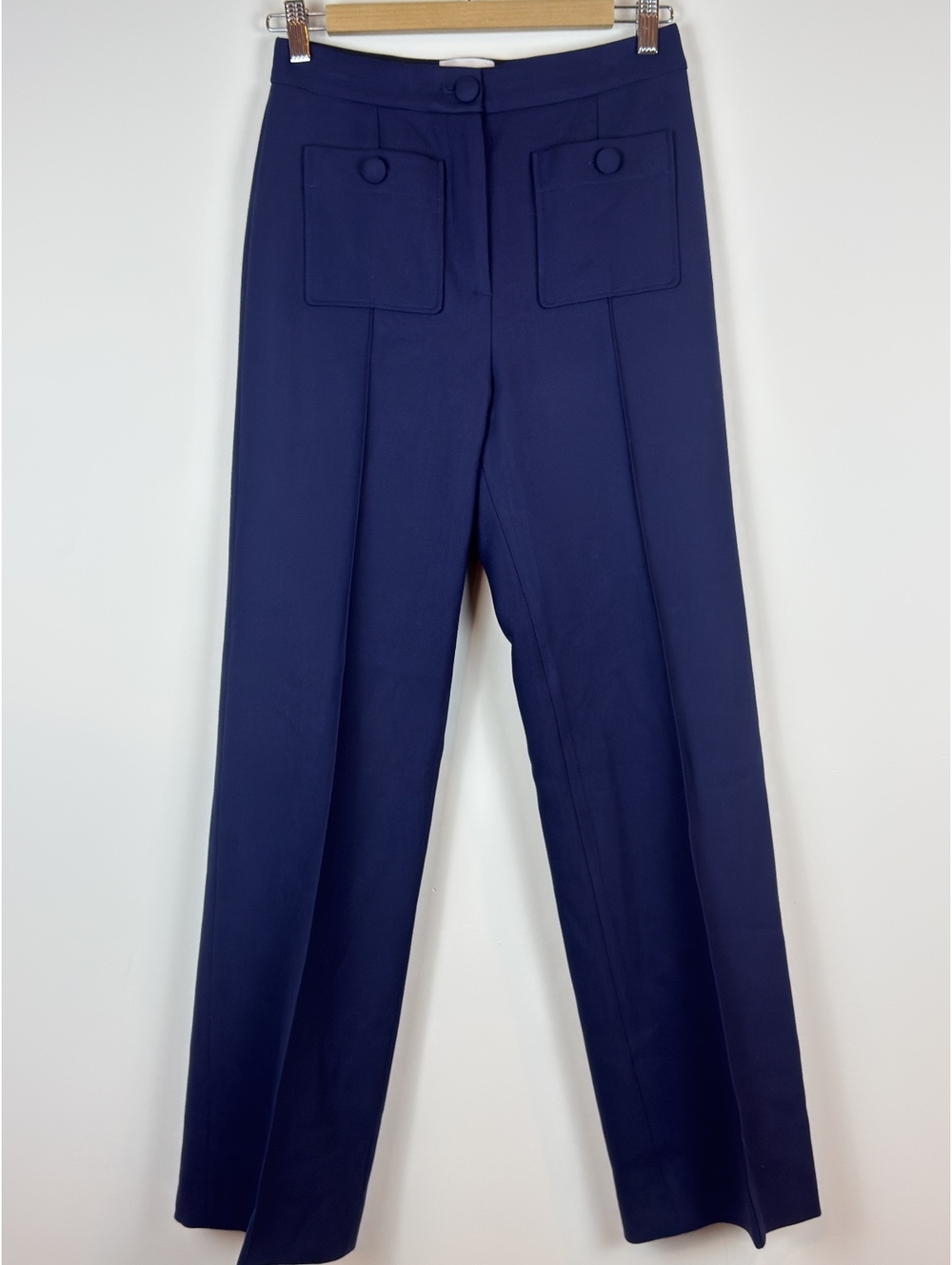 Sézane Phil Trousers Navy Wool Blend High Rise Wide Leg Pants FR 34 US 2